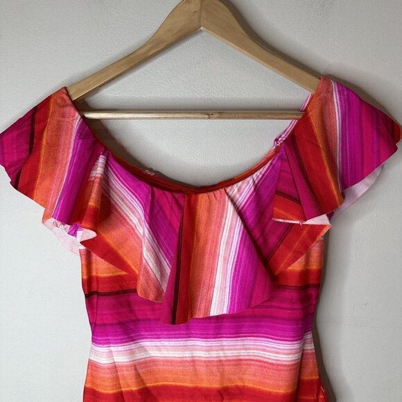 NEW Trina Turk Womens Pink Striped Ruffles Off Shoulder Swimsuit $184 Size 10 - Picture 9 of 15